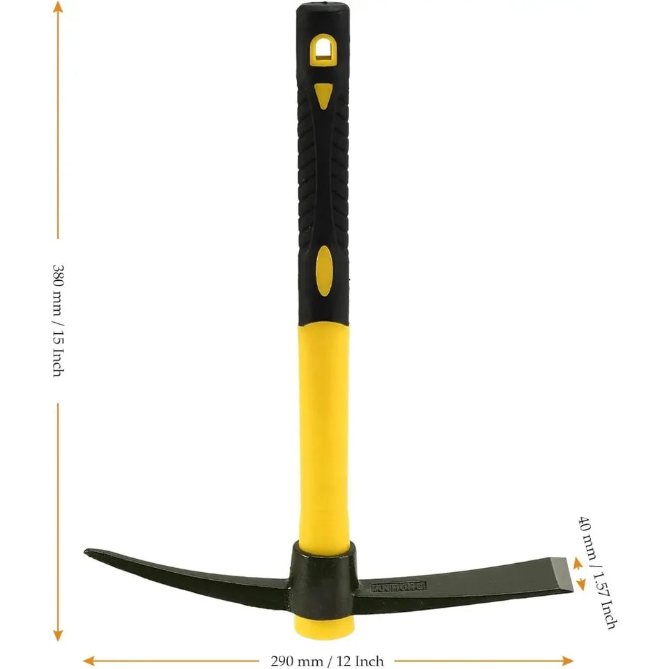 1-Piece 15-Inch Mattock Hoe Set with Yellow Fiberglass Handle - Durable Garden Tool for Soil Loosening and Cultivation